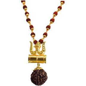 BRO Mart Gold-Plated Brass, Wood Lord Shiv Trishul Damru Locket with Panchmukhi Rudraksha Mala for Men and Women