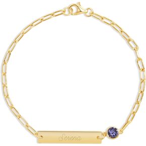EVE'S ADDICTION Women's Custom Gold Engravable Name Bar Simulated Birthstone Bracelet, 6.5" long - Custom Engraved Bracelets for Women - Paperclip Jewelry - Gift for Her - Gifts for Mom