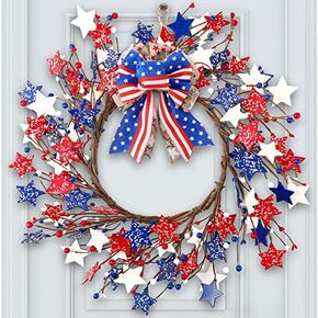 Enhon 24 Inch 4th of July Patriotic Day Wreath Large Red Blue White Wooden Star Wreath with American Flag Star Bow Patriotic Decorations for Memorial Day Independence Day Veterans Day Front Door Wall