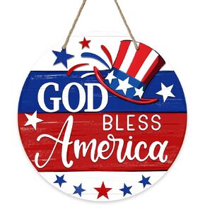 Deroro 4th of July God Bless America Patriotic Sign for Front Door Decor, American Stars Stripes Wood Hanger for Outdoor Outside Porch, USA Memorial Day Wooden Wreath Indoor Wall Hanging Decoration