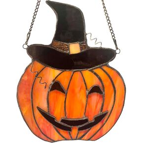 Bieye W10106 Curved Pumpkin with Witch Hat Tiffany Style Stained Glass Window Panel for Home Decor