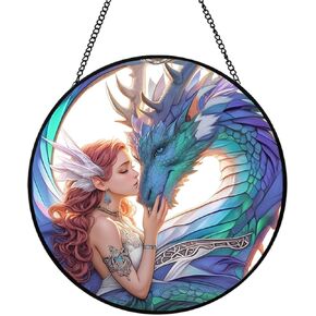 Dragon Fairy Suncatchers for Windows, 20cm/7.87in Dragon Stained Glass Ornaments Dragon Sun Catcher Decor Fairy Gifts for Women