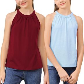 GORLYA 2 Pack Girls Halter Neck Summer Sleeveless Shirt Multipacks Casual Curvy Tank Tops for 6-14Y