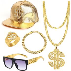 5pcs 80s/90 Hip Hop Costume Kit Kit Gold Rapper Hat Sunglasses Gold Dollar Sign Sign Scludes Leglaces Exclseories