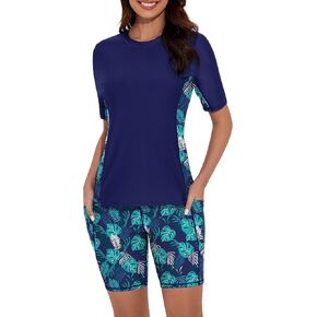 Women's 2 Piece Rash Guard Short Sleeve Rash Guard Swimsuits UPF 50+ Swim Shirt and Short Pocket