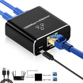eoqo Ethernet Splitter، Gigabit RJ45 Ethernet Splitter 1 إلى 4 سرعة عالية، موصل تمديد شبكة 1000 ميجا بت في الثانية مع كابل طاقة USB، كابل شبكة CAT 5 6 7 8 في وقت واحد 4 أجهزة