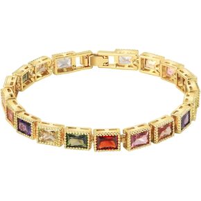 XZE Colored Cubic Zirconia Tennis Bracelet for Women14K Yellow Gold Plated Cubic Zirconia Rainbow Tennis Link Bracelet