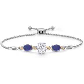 Gem Stone King 925 Silver and 10K Yellow Gold Customized and Personalized Oval Gemstone Birthstone and Lab Grown Diamond Bracelet For Women | Adjustable Bolo Bracelet For Women