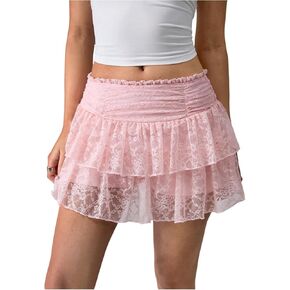 Milumia Women's Y2K Layered Lace Mini Skirt Ruched Mesh Ruffle Shorts Going Out Skort