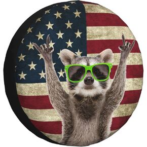 غطاء إطارات احتياطي لـ RV Camper Funny Cute Raccoon Flag American Flag ، غطاء عجلات عالمي لـ Weatherproof لـ RV Travel Camper Truck 14inch