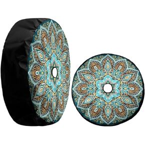 Kiuloam Boho Mandala Turquoise Fare Tyre Woving مع ثقب الكاميرا الاحتياطية أغطية عجلات مقاومة للماء لشاحنة مقطورة RV RV والعديد من المركبات (17 "للقطر 31" -33 ")