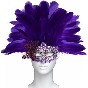 قناع MCJC Feather Masquerade ، قناع الكرنفال البندقية الدانتيل مع أعمدة ، ملحق زي Mardi Gras