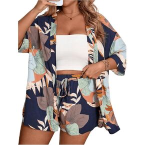 Soly Hux Women's Plus Size 2 قطعة صيف طباعة استوائية نصف كيمونو مفتوح