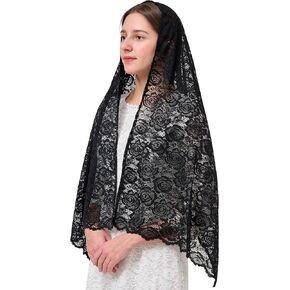 YHDDYG Long Lace Mantilla Veil Head Wrap Shawl for Catholic Wedding, Chapel Length Rose Rectangular Floral Scarf S120