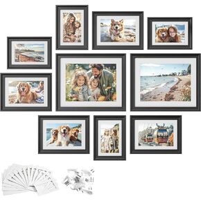 SONGMICS Picture Frames with 16 Mats, Set of 10 Collage Photo Frames, Two 8x10, Four 5x7, Four 4x6 Frames, Hanging or Table Display, Glass, 12 Non-Trace Nails, Ash Black