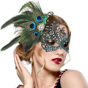 Lace Masquerade Masks for Women - 1920s Peacock Feather Venetian Mask for Halloween Couples Mardi Gras Ball