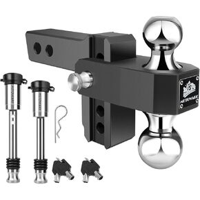 METOWARE Adjustable Trailer Hitch - Aluminum Drop Hitch Fits 2-Inch Receiver - Heavy Duty Tow Hitch with 4-Inch Drop/Rise for Truck (12,500 LBS GTW), Double Anti-Theft Stainless Steel Pin Locks(Black)