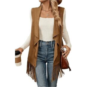 GORGLITTER Women's Tassels Sleeveless Faux Suede Vest 70s Hippie Fringe Hem Open Front Jacket Outwear Tops