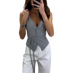SOMTHRON Women's Sleeveless V Neck Blazer Vest Lace Up Button Down Suit Jacket Waistcoat Business Casual Tops