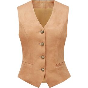 V VOCNI Women's Faux Suede Leather Suit Vest V Neck Cowgirl Vintage Western Vest Slim Fit Dress Casual Waistcoat