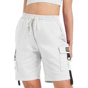 XinYangNi Women's Casual Cargo Shorts with Pockets Elastic High Waist Drawstring Bermuda Shorts for Women