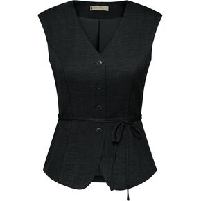 Belle Poque Women's Suit Vest Tops Business Casual V-Neck Vest Vintage Sleeveless Button Down Waist Tie Waistcoat Trendy