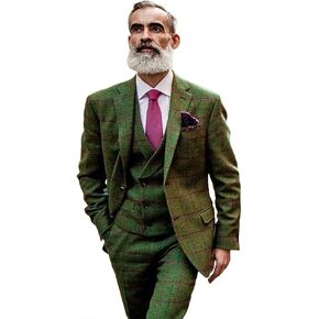 Men's Plaid Wool Blend Tweed Slim Fit Party Wedding Tuxedo Green Fashion 3 Piece Suits