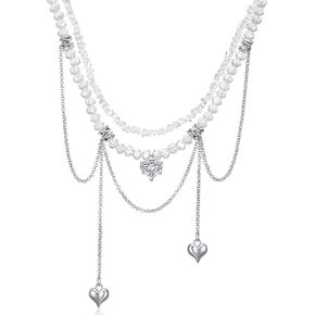 KURTCB Y2k Heart Necklace Layered Rhinestone Heart Beads Fringe Collarbone Choker Necklace for Women