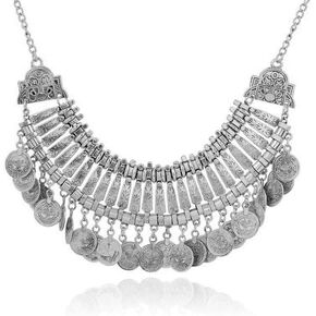 Vintage Engraved Coin Bib Collar Statement Necklace for Women Men Boho Ethnic Gypsy Chunky Tassel Choker Bohemian Retro Gothic Clavicle Chain Necklaces Halloween Party Carnival Festival Jewelry Costume