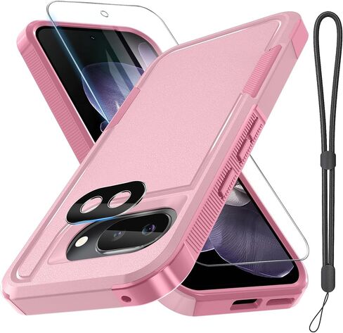 RMOCR Case for Google Pixel 9 Pro XL, Full Body Heavy Duty Rugged Shockproof Protective Phone Cover with Lanyard Strap, Tempered Glass Screen Protector and Camera Lens Cover, Black Matte in Saudi Arabia
