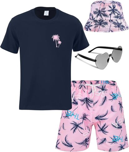 4 Pcs Men's Hawaiian Outfit Shirt and Short Set Summer Coconut Tree Tracksuit Drawstring Short Bucket Hat Sunglasses in Saudi Arabia