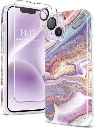 GVIEWIN Marble for iPhone 13 Case, with Screen Protector & Camera Lens Protector, [10FT Military Grade Drop Protection] Slim TPU Phone Case Cover Women for iPhone 13 6.1" 2021 (Flowing Sakura/Pink) in Kuwait