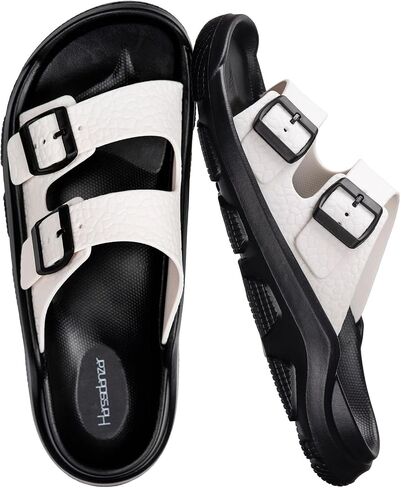 Harssidanzar Mens Slides Sandals Double Buckle Adjustable Slides EVA Flat Sandals KM243US in Saudi Arabia