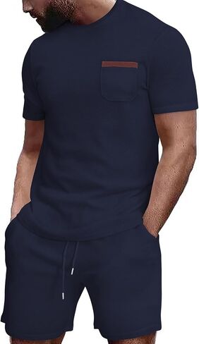Annystore Mens Shorts Sets 2 Piece Outfits Summer Tracksuit Waffle Short Sleeve T Shirts and Shorts Set Beach Outfits in Saudi Arabia