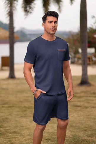 Annystore Mens Shorts Sets 2 Piece Outfits Summer Tracksuit Waffle Short Sleeve T Shirts and Shorts Set Beach Outfits in Saudi Arabia