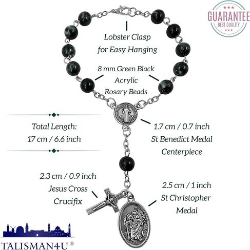 Talisman4u Saint Benedict واحد عقد من المسبحة للسيارة مرآة الرؤية الخلفية St Christopher ميدالية 8 مم حبات صلاة الزجاج الكاثوليكي حماية الأوتار المسبحة للنساء للنساء in Kuwait