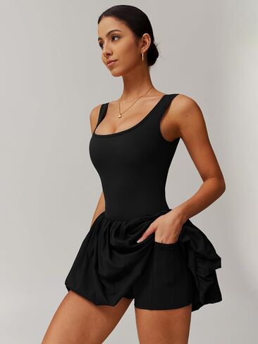 ABOCIW Womens Bubble Tennis Dress Squre Neck Sleeveless Workout Golf Athletic Dress Built in Bra & Shorts with Pockets in Saudi Arabia