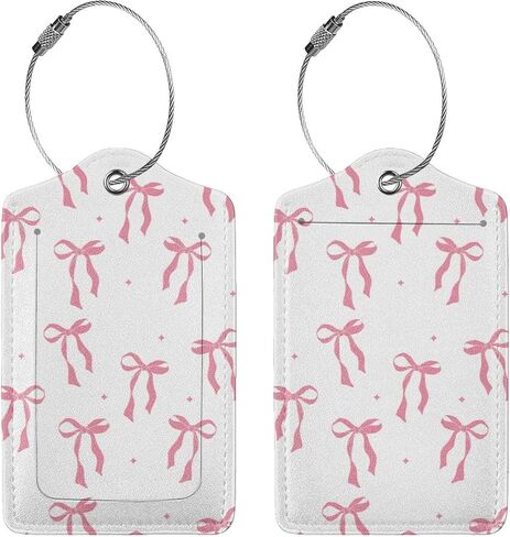 2 Pack Retro Trendy Pink Bow Luggage Tags for Suitcases, PU Leather Bag Travel Suitcase Name ID Label and Metal Loop for Women Men Baggage Bag in Saudi Arabia