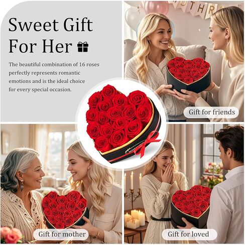 16 Preserved Roses in Heart Shape Gift Box for Her - Forever Flowers for Delivery, Eternal Rose Mothers Gifts for Mom, Wife Anniversary Birthday Gifts for Women, Red in Kuwait