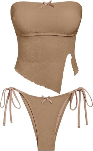 ZAFUL Women's Bandeau Tankini Swimsuit Asymmetrical Slit Bowknot String High Cut Fairyland Cheeky Bathing Suit in Saudi Arabia