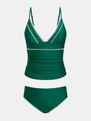 CUPSHE Women's Tankini Sets Two Piece Swimsuit V Neck Ruched Shell Stitched Bathing Suit Spaghetti Adjustable Straps in Kuwait