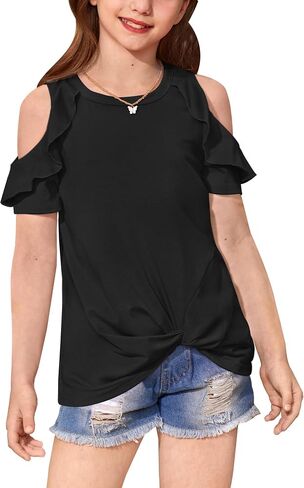 BesserBay Girls Summer Twist Front Tunic Tops Cold Shoulder Crew Neck Blouses Ruffle Trim Short Sleeve Shirts 5-14 Years in Saudi Arabia
