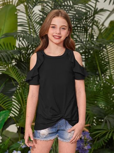 BesserBay Girls Summer Twist Front Tunic Tops Cold Shoulder Crew Neck Blouses Ruffle Trim Short Sleeve Shirts 5-14 Years in Saudi Arabia