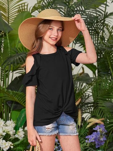 BesserBay Girls Summer Twist Front Tunic Tops Cold Shoulder Crew Neck Blouses Ruffle Trim Short Sleeve Shirts 5-14 Years in Saudi Arabia