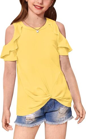 BesserBay Girls Summer Twist Front Tunic Tops Cold Shoulder Crew Neck Blouses Ruffle Trim Short Sleeve Shirts 5-14 Years in Saudi Arabia