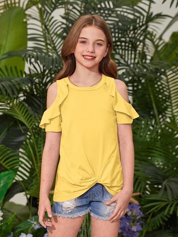 BesserBay Girls Summer Twist Front Tunic Tops Cold Shoulder Crew Neck Blouses Ruffle Trim Short Sleeve Shirts 5-14 Years in Saudi Arabia