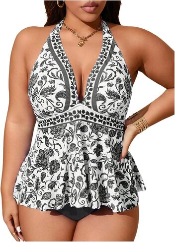 MakeMeChic Women's Plus Size Floral Tankini Sets 2 Piece High Waist Halter Boho Tankini Swimsuits in Kuwait