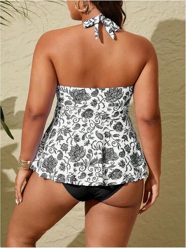 MakeMeChic Women's Plus Size Floral Tankini Sets 2 Piece High Waist Halter Boho Tankini Swimsuits in Kuwait