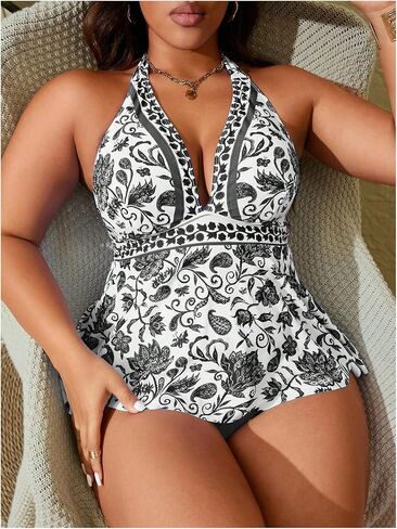 MakeMeChic Women's Plus Size Floral Tankini Sets 2 Piece High Waist Halter Boho Tankini Swimsuits in Kuwait