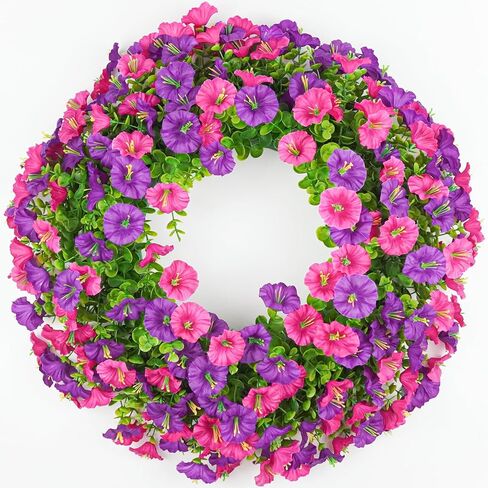 Summer Wreaths for Front Door, 21 Inch Artificial Morning Glory Boxwood Wreaths for Door Window Wall, Outdoor Spring Summer Wreath Weatherproof, Floral Porch Decor for All Season Purple Red in Saudi Arabia